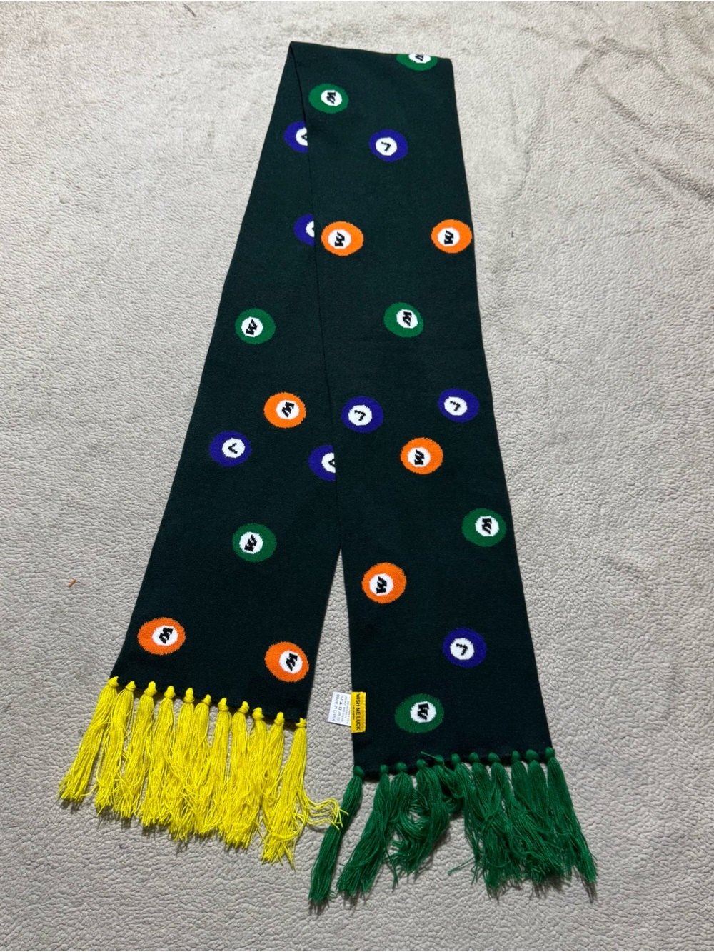 Wish Me Luck Scarf Adult OS All Over Pool Ball Pattern Knit Tassel Fringe Trim